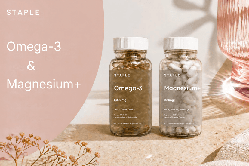 Staple Omega-3 and Magnesium bottles together