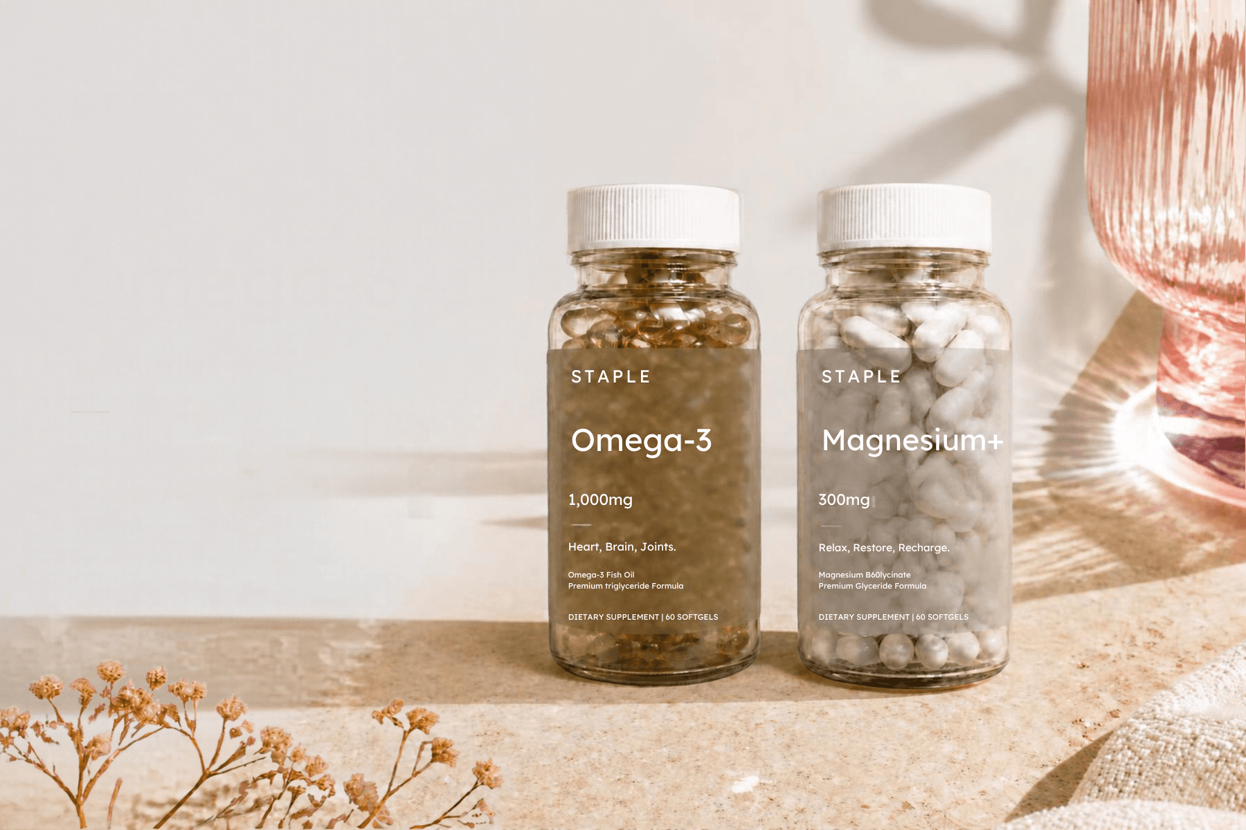 Staple Wellness Omega-3 and Magnesium+ bottles